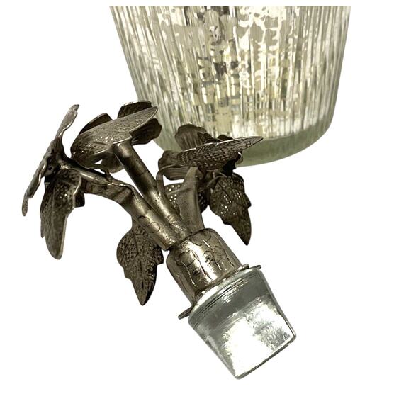 Vintage Mercury Glass Ribbed Bottle with Ornate Floral Silvertone Metal Stopper - Picture 9 of 10